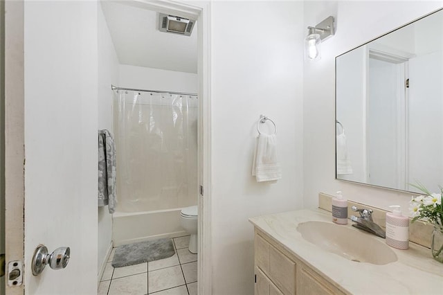 full bath featuring visible vents, tile patterned floors, vanity, toilet, and shower / bath combo with shower curtain
