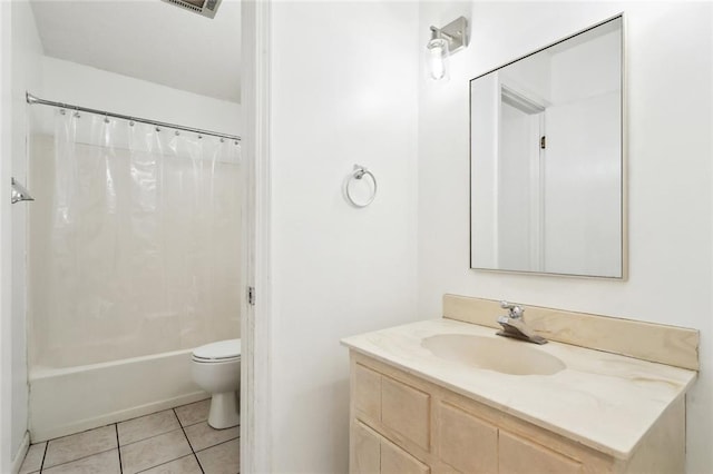 full bathroom featuring toilet, tile patterned floors, shower / bathtub combination with curtain, and vanity