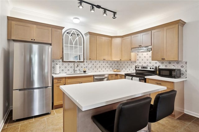 kitchen featuring under cabinet range hood, appliances with stainless steel finishes, a sink, and tasteful backsplash