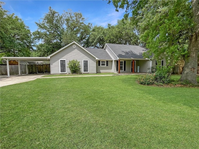 ranch-style home featuring fence, a front lawn, covered porch, concrete driveway, and a carport