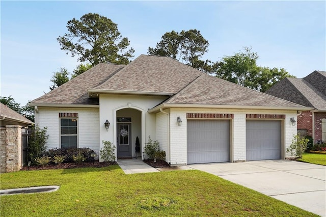 view of front facade with concrete driveway, brick siding, roof with shingles, and a garage