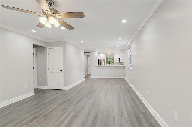unfurnished living room with light wood-type flooring, recessed lighting, ornamental molding, and ceiling fan