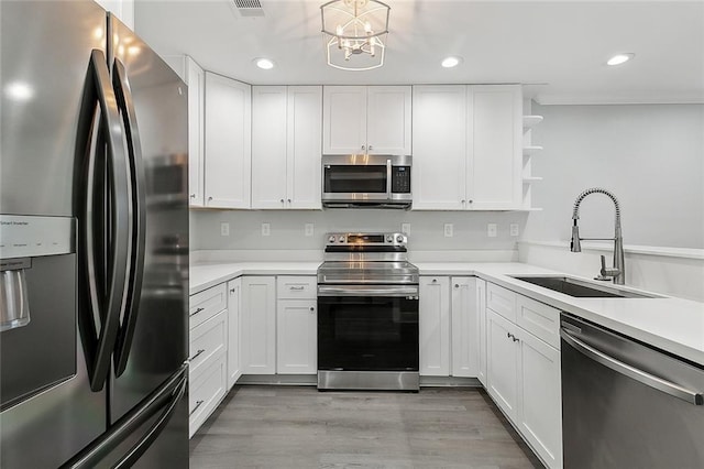 kitchen featuring open shelves, white cabinetry, appliances with stainless steel finishes, and a sink