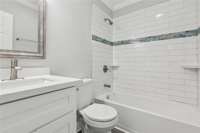 full bathroom featuring toilet, bathtub / shower combination, vanity, and crown molding