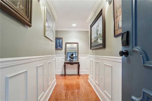 hallway with light wood-style floors, a decorative wall, and wainscoting