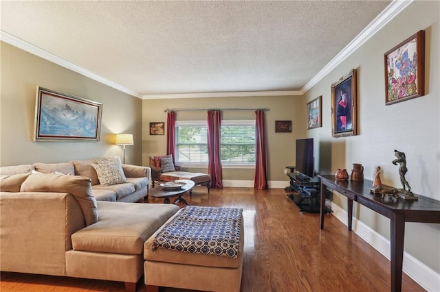 living area with crown molding, baseboards, a textured ceiling, and wood finished floors