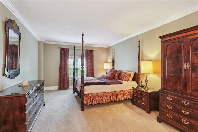 bedroom with baseboards, light colored carpet, and ornamental molding
