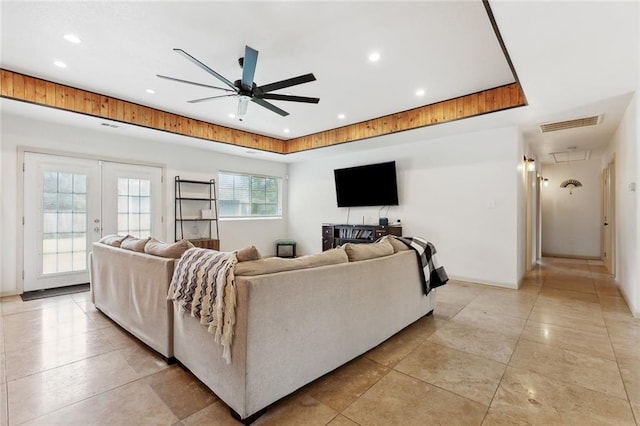 8752 Leisure Dr, Denham Springs, LA 70726 - living area with recessed lighting, a ceiling fan, visible vents, and french doors