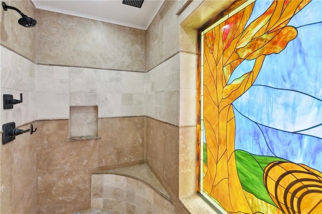 8752 Leisure Dr, Denham Springs, LA 70726 - bathroom featuring a tile shower and ornamental molding
