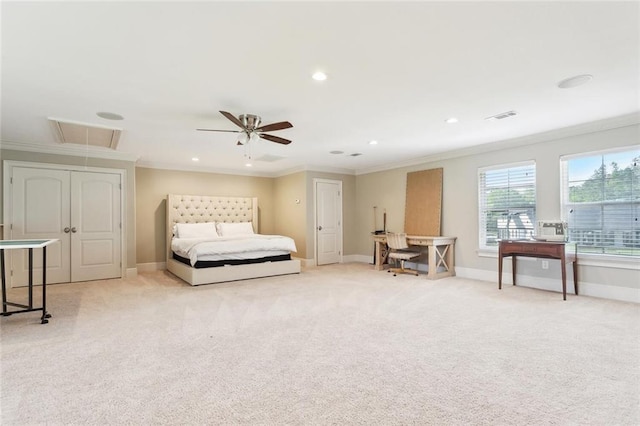 30222 N Dixie Ranch Rd, Lacombe, LA 70445 - carpeted bedroom featuring crown molding, attic access, baseboards, recessed lighting, and ceiling fan