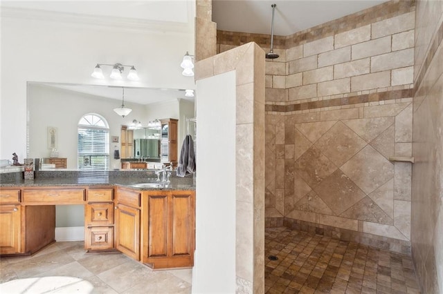 30222 N Dixie Ranch Rd, Lacombe, LA 70445 - bathroom featuring vanity, a walk in shower, ornamental molding, and tile patterned floors