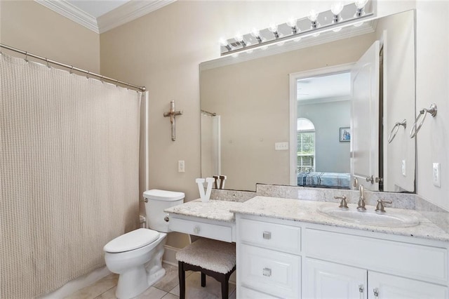 30222 N Dixie Ranch Rd, Lacombe, LA 70445 - bathroom featuring ornamental molding, toilet, vanity, tile patterned floors, and a shower with curtain