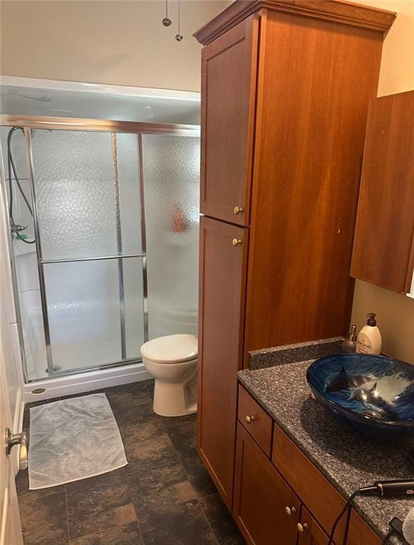 full bathroom featuring toilet, a shower stall, stone finish floor, and vanity