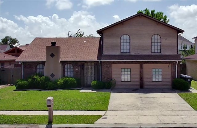 traditional-style home with fence, concrete driveway, a front yard, and brick siding