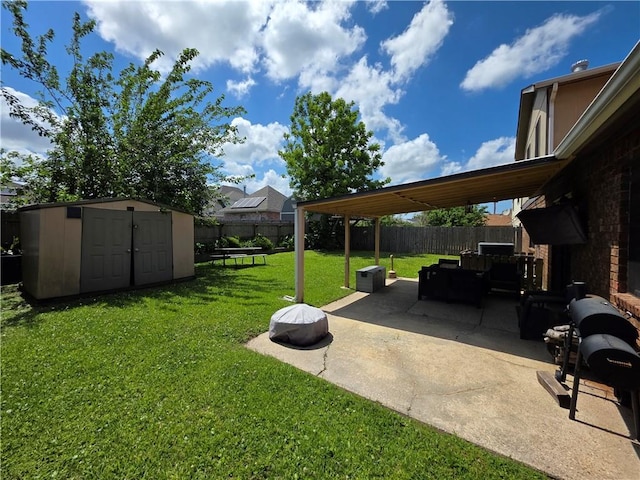 view of yard with an outdoor structure, a fenced backyard, a patio area, and a storage unit