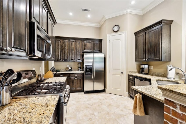 kitchen featuring crown molding, light stone countertops, dark brown cabinets, a sink, and stainless steel appliances