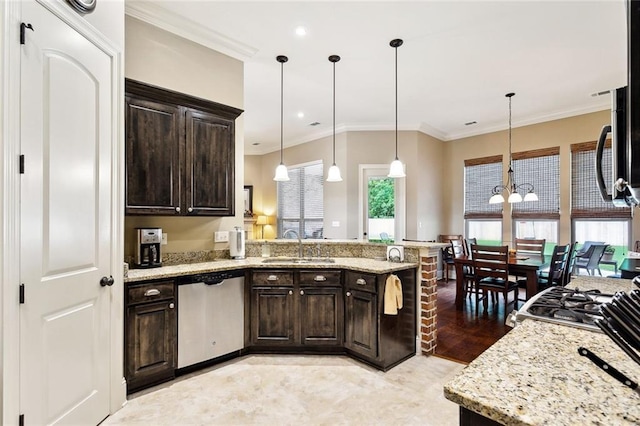 kitchen with stainless steel dishwasher, a sink, a peninsula, and dark brown cabinetry