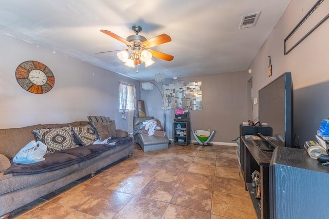 living area featuring visible vents and ceiling fan