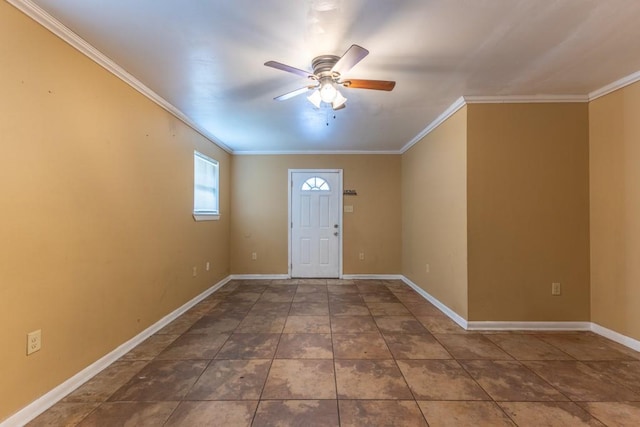 foyer with crown molding, a ceiling fan, and baseboards