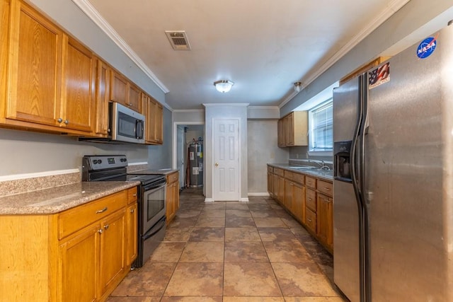kitchen featuring crown molding, appliances with stainless steel finishes, a sink, brown cabinetry, and water heater