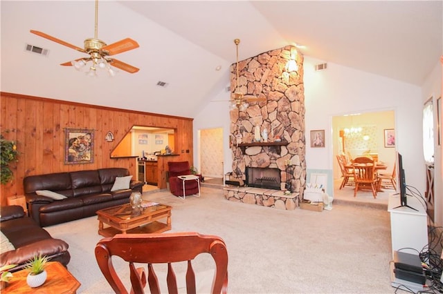 4525 Craig Ave, Metairie, LA 70003 - living area with visible vents, ceiling fan, carpet floors, and high vaulted ceiling
