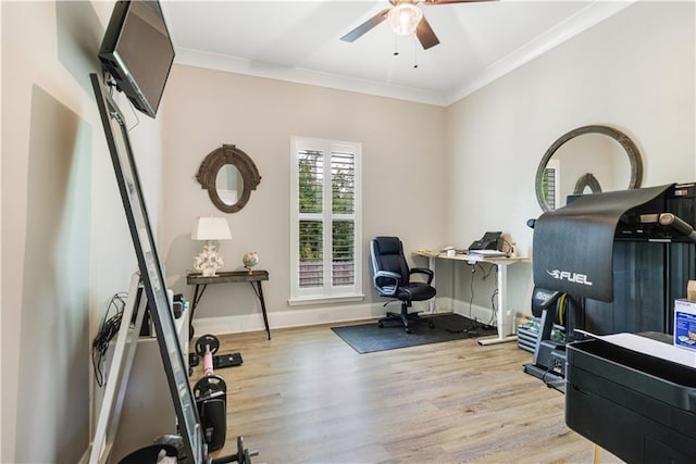 office area featuring crown molding, ceiling fan, baseboards, and wood finished floors