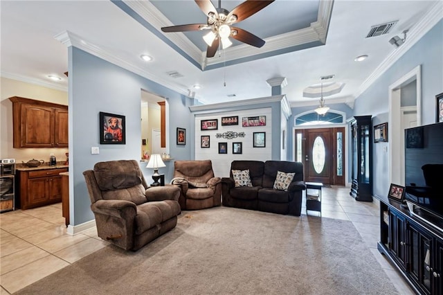 216 Old Mill Loop, Pearl River, LA 70452 - living room with light tile patterned floors, crown molding, ceiling fan, a tray ceiling, and recessed lighting