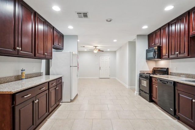 kitchen with visible vents, baseboards, ceiling fan, recessed lighting, and black appliances