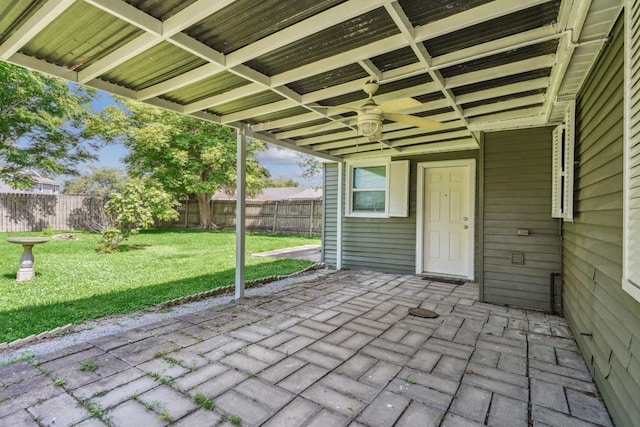 view of patio with a ceiling fan and a fenced backyard