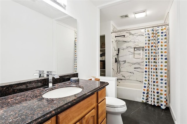 2100 Jefferson Ave, New Orleans, LA 70115 - full bathroom featuring vanity, toilet, shower / tub combo with curtain, and marble finish flooring