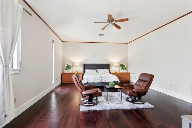 2100 Jefferson Ave, New Orleans, LA 70115 - bedroom with baseboards, wood-type flooring, ornamental molding, and ceiling fan