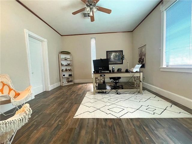 2100 Jefferson Ave, New Orleans, LA 70115 - office space with wood finished floors, crown molding, a ceiling fan, and baseboards
