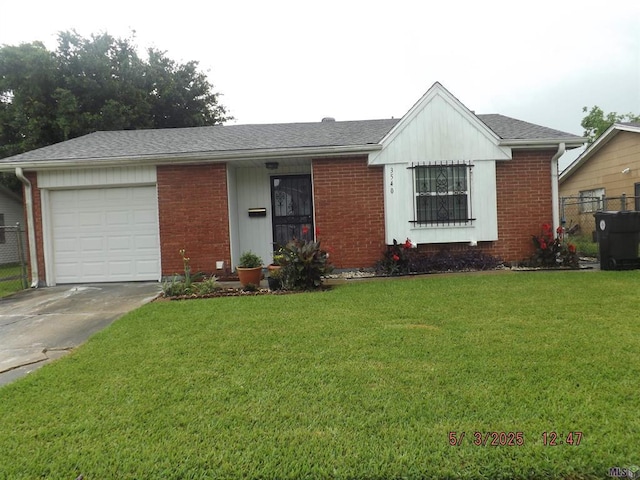 single story home with driveway, an attached garage, and brick siding