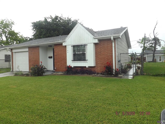 single story home featuring a garage, brick siding, and concrete driveway
