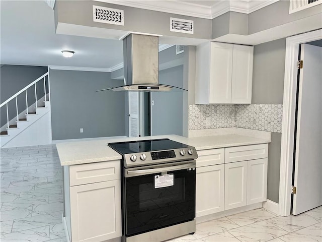 2644 Ramsey Dr, New Orleans, LA 70131 - kitchen with stainless steel electric range oven, visible vents, island exhaust hood, and marble finish floor