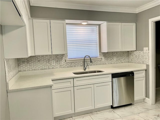 2644 Ramsey Dr, New Orleans, LA 70131 - kitchen with stainless steel dishwasher, ornamental molding, marble finish floor, light countertops, and a sink