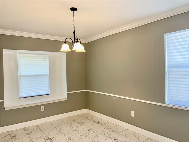 2644 Ramsey Dr, New Orleans, LA 70131 - spare room featuring crown molding, a notable chandelier, plenty of natural light, marble finish floor, and baseboards