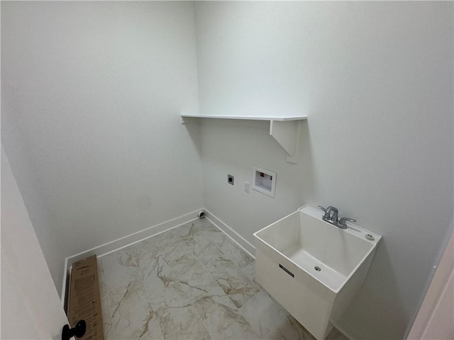 washroom with laundry area, marble finish floor, baseboards, washer hookup, and hookup for an electric dryer