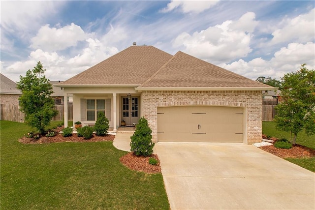 single story home featuring fence, roof with shingles, and a front lawn