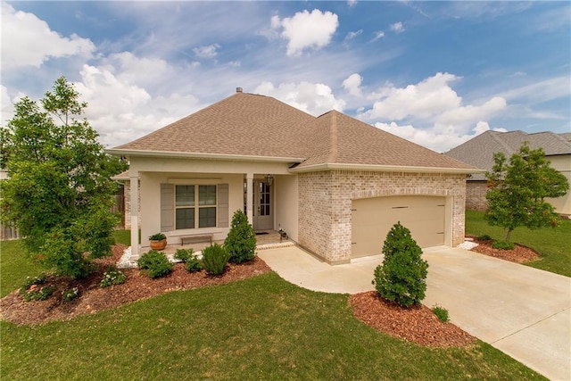 ranch-style home featuring a front yard, roof with shingles, brick siding, an attached garage, and driveway