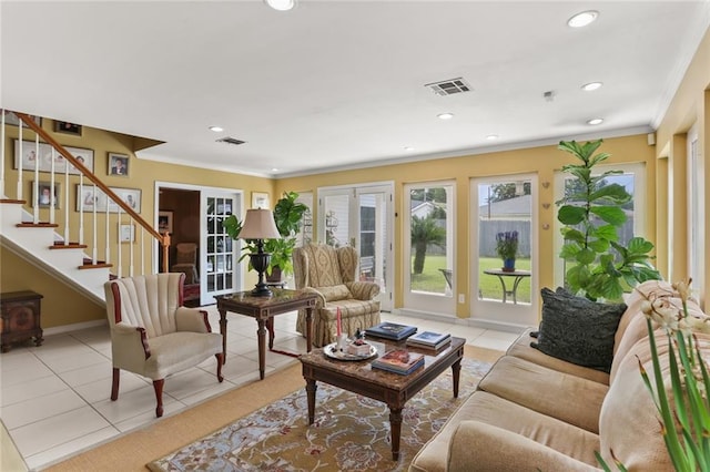 421 Oaklawn Dr, Metairie, LA 70005 - living area featuring stairs, visible vents, crown molding, and light tile patterned flooring