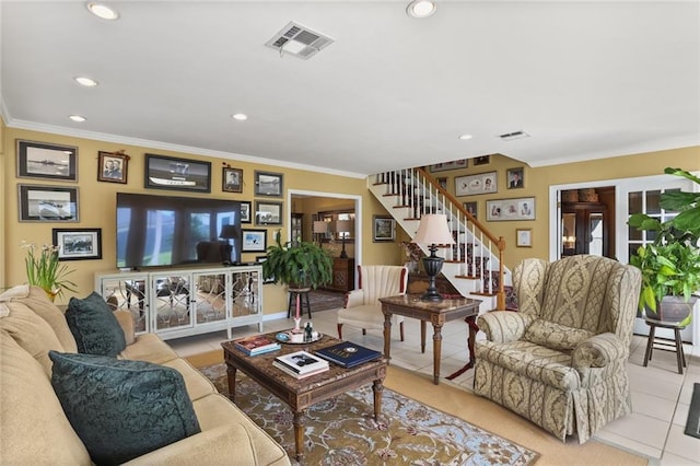 421 Oaklawn Dr, Metairie, LA 70005 - living room featuring recessed lighting, light tile patterned floors, visible vents, stairs, and crown molding