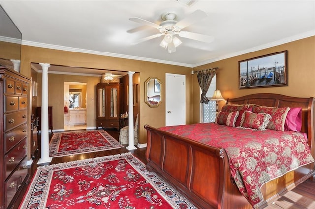 421 Oaklawn Dr, Metairie, LA 70005 - bedroom featuring baseboards, ornamental molding, decorative columns, and dark wood-type flooring
