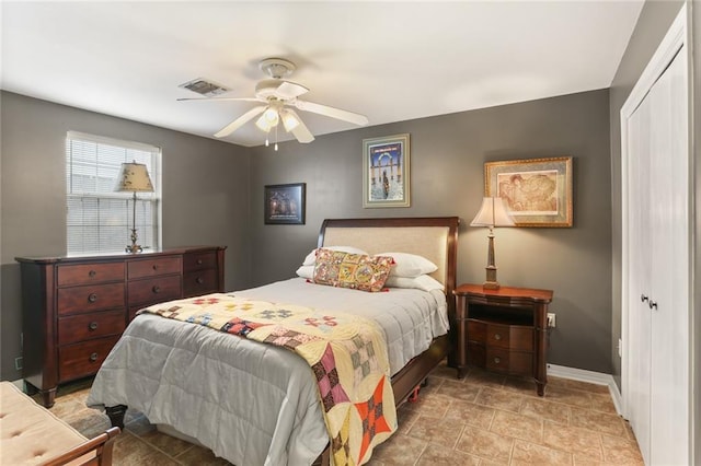 421 Oaklawn Dr, Metairie, LA 70005 - bedroom with a ceiling fan, stone finish flooring, a closet, visible vents, and baseboards