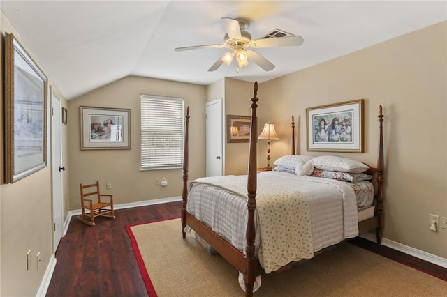 421 Oaklawn Dr, Metairie, LA 70005 - bedroom featuring lofted ceiling, wood finished floors, visible vents, a ceiling fan, and baseboards