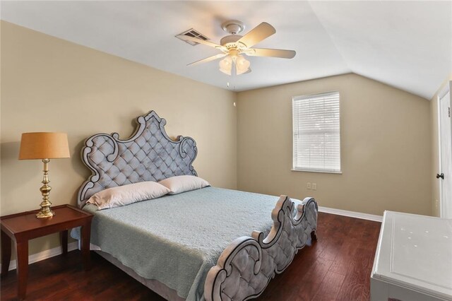 421 Oaklawn Dr, Metairie, LA 70005 - bedroom featuring a ceiling fan, visible vents, baseboards, dark wood-type flooring, and vaulted ceiling