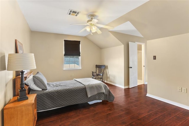 421 Oaklawn Dr, Metairie, LA 70005 - bedroom featuring baseboards, ceiling fan, visible vents, hardwood / wood-style flooring, and vaulted ceiling