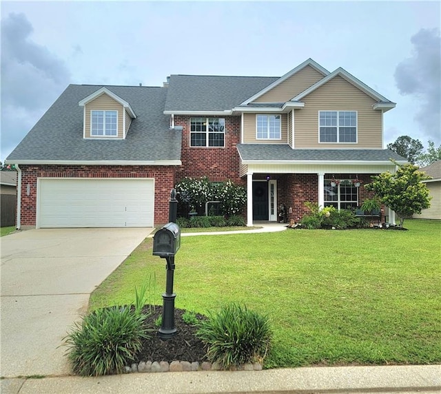 view of front of property with roof with shingles, a front yard, an attached garage, and driveway