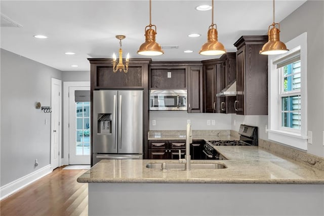 kitchen with a peninsula, stainless steel appliances, light wood-type flooring, under cabinet range hood, and dark brown cabinets