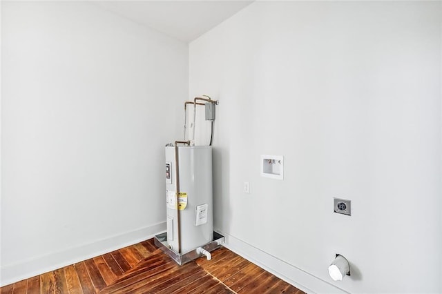 2113 Leonidas St, New Orleans, LA 70118 - laundry area featuring water heater, hookup for an electric dryer, washer hookup, and dark wood-type flooring